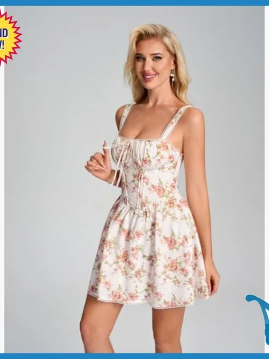 Summer Floral Mini Dress Corset Lace Up Square Neck A-Line Casual - Picture 2 of 7